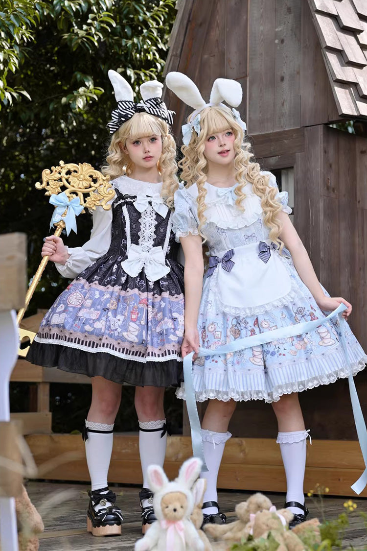Square Collar Sleeveless Printed Bow Gothic Dress - Alice's Fantasy Tale