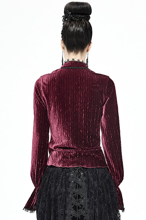 Ruby Velvet Flared-Sleeve Gothic Blouse with Pleats