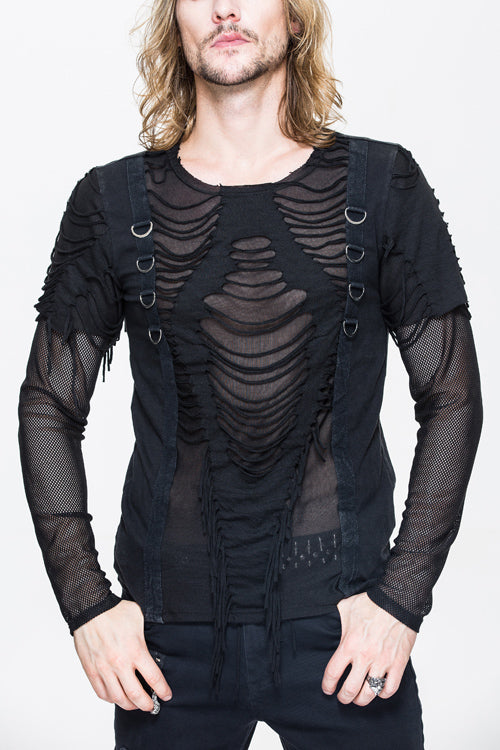 Men's Punk T-Shirt with Knitted Diamond Mesh and Ribbon Accents