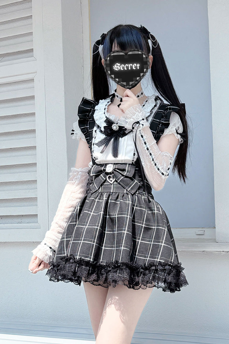 Plaid Ruffle Lace Bow-Trimmed Jirai Kei Skirt