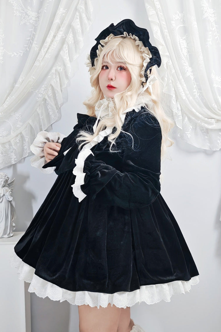 Stand Collar Ruffled Bow Plus Size Gothic Dress - Antique Velvet Doll
