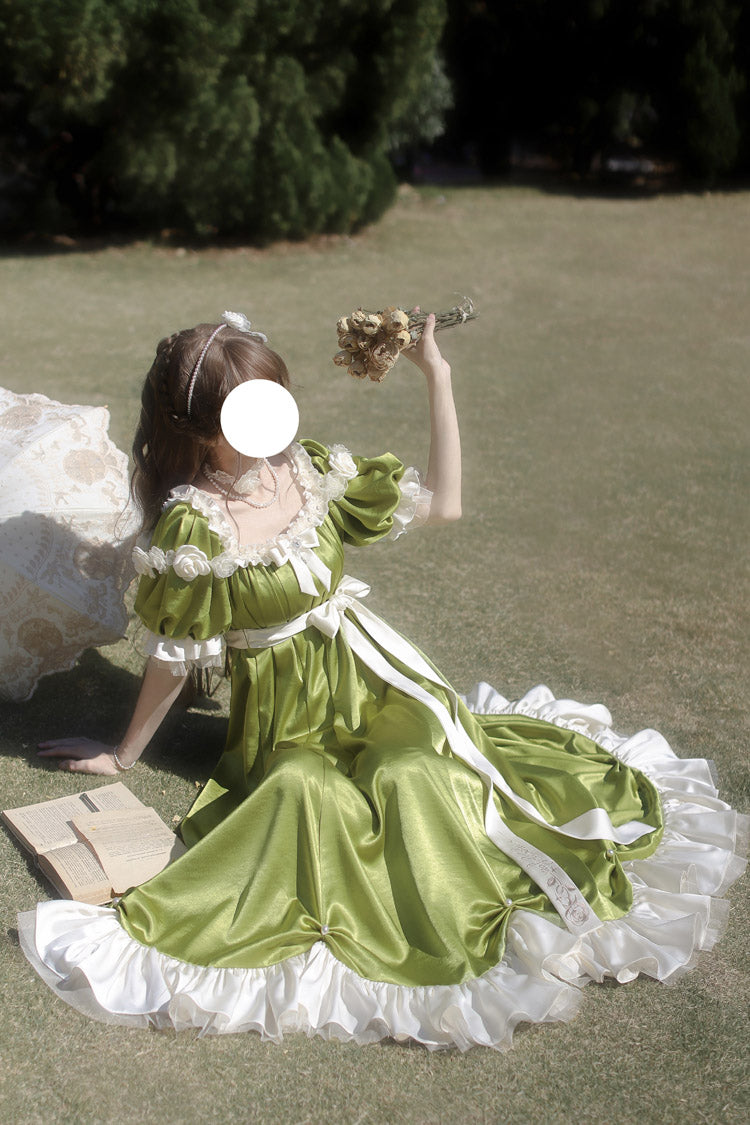 Emerald Square Neck Short Sleeve Ruffle Bow Sweet Regency Vintage Lolita Dress