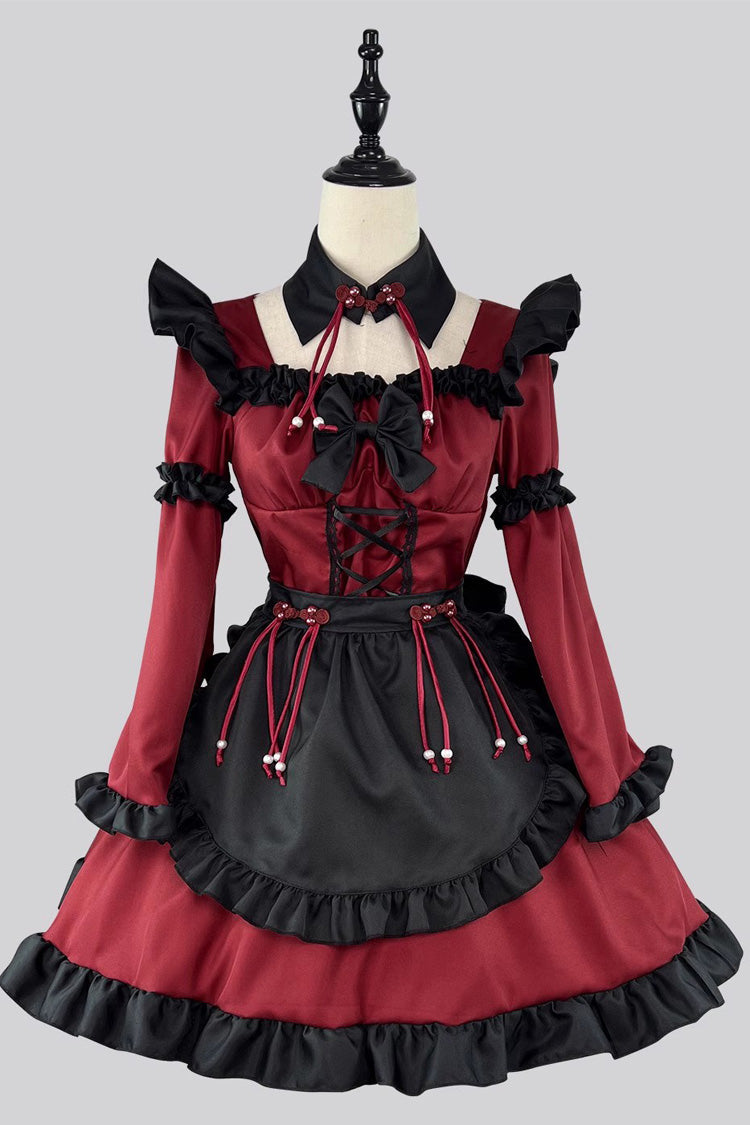 Crimson & Noir Maid Long Sleeve Ruffled Bow Gothic Lolita Full Outfit