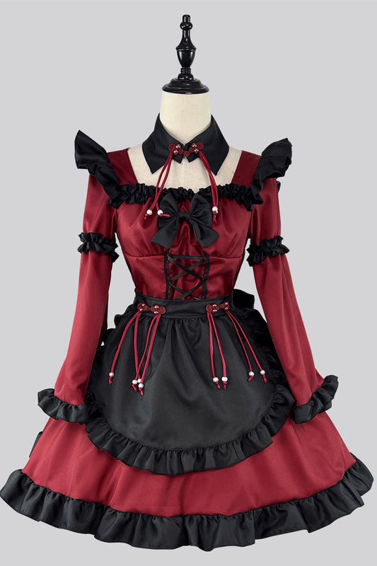 Crimson & Noir Maid Long Sleeve Ruffled Bow Gothic Lolita Full Outfit