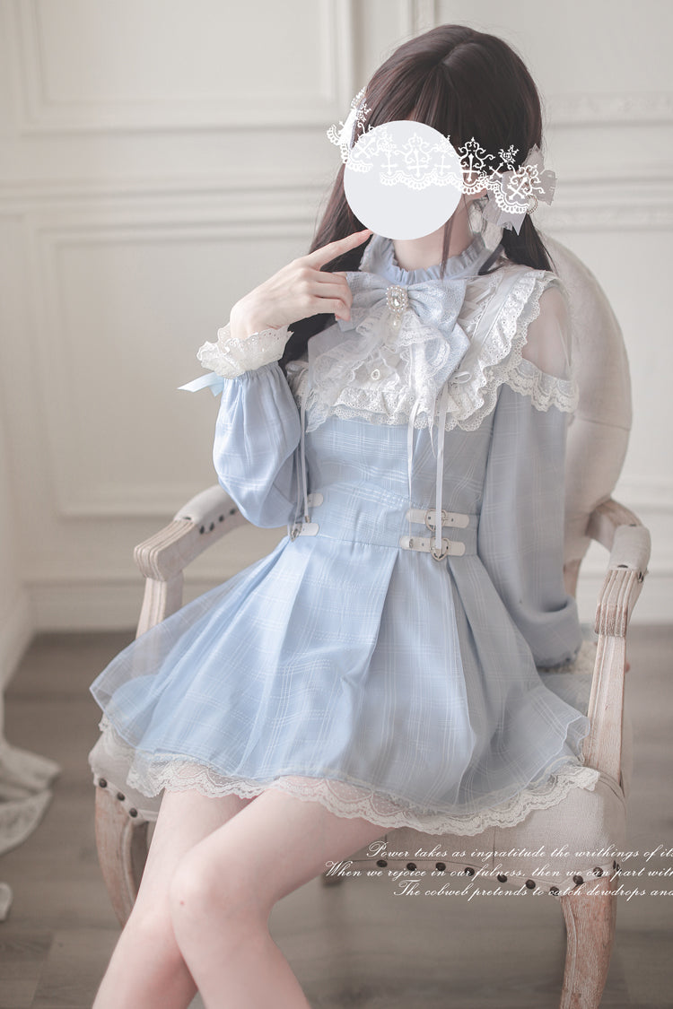 Angel Heartbeat Bowknot Lace Sweet Jirai Kei Japanese Dress with Long Sleeves