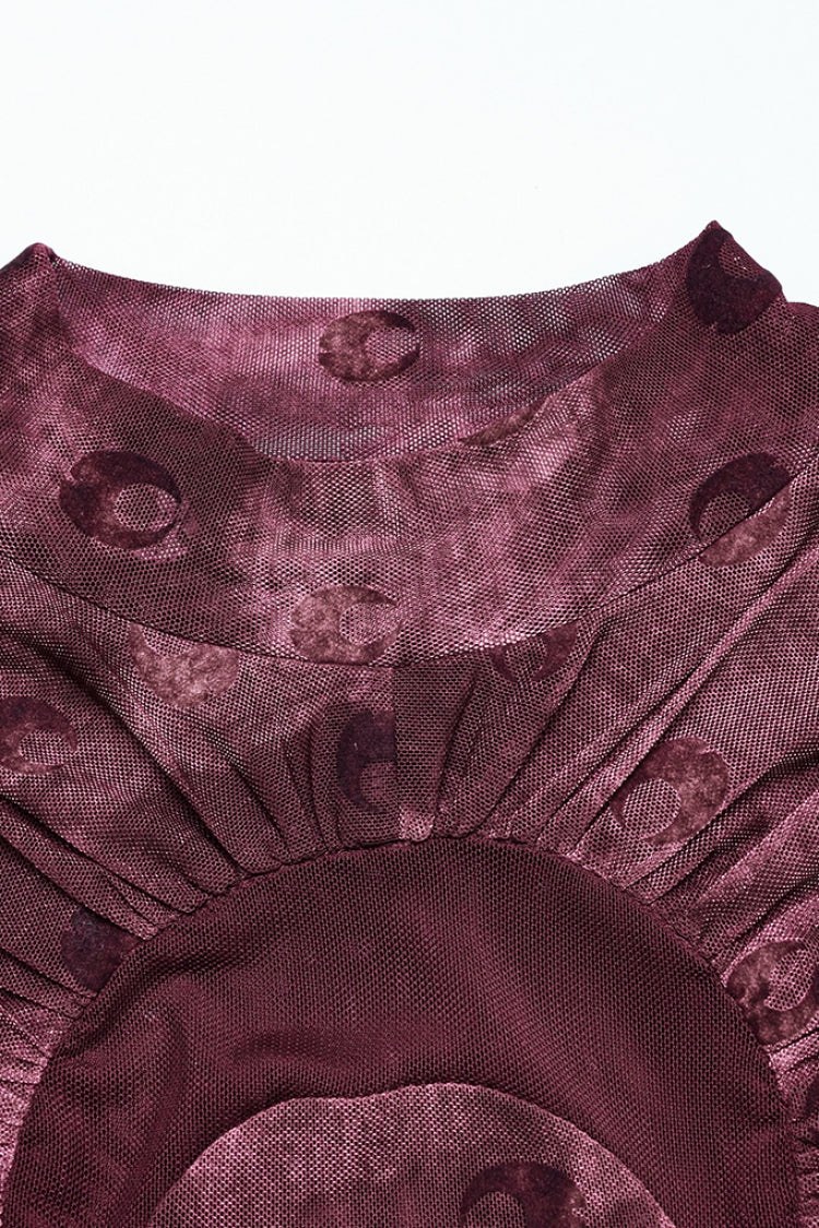 Crimson Gothic Blouse with Moon Print and Ruched Mesh