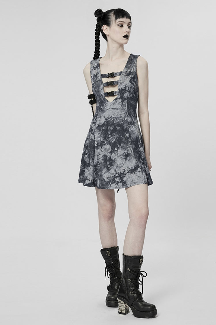 Steampunk Sleeveless Buckle Dress with V-Neckline