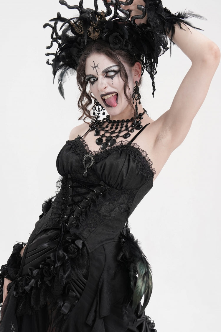 Gothic Overbust Corset with Lace-Up Back and Delicate Lace Trim