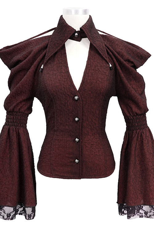Crimson Gothic Bardot Blouse with Flared Cuffs