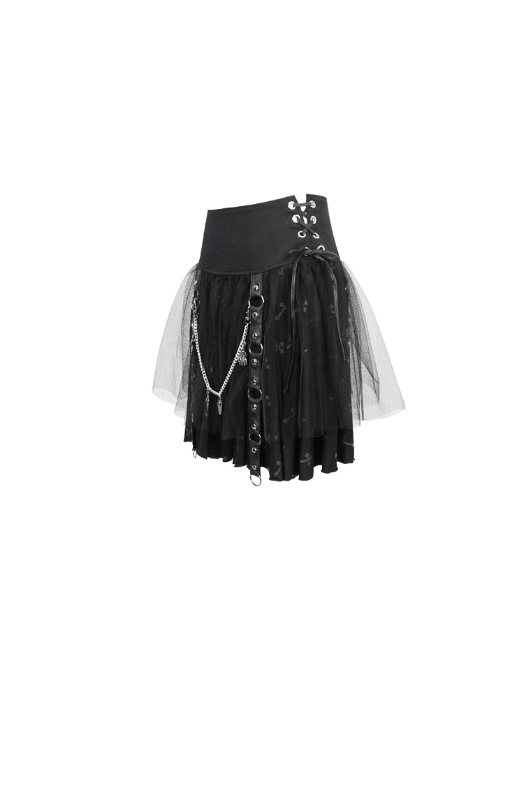 Women's Punk Skirt with Detachable Metal Chain and Cross Print Side Straps