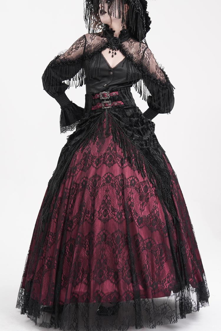 Burgundy Print Embroidery Tassel Buckle Lace-Up Gothic Long Skirt
