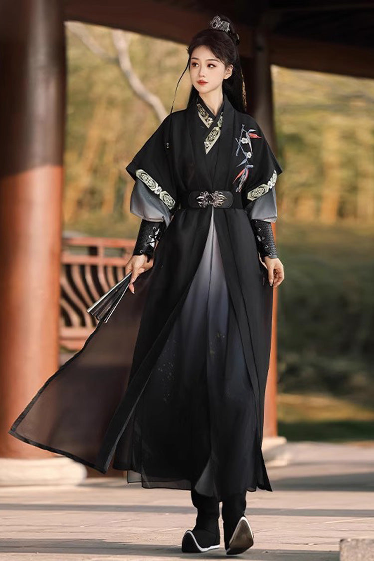 Vintage Hanfu Dress Set with Cross-Collar Gradient Embroidery & Knight Style