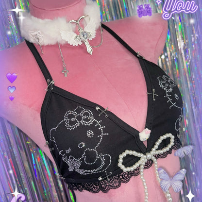 Y2K Rhinestone Kitty Pearl Bow Lace Bikini KI531