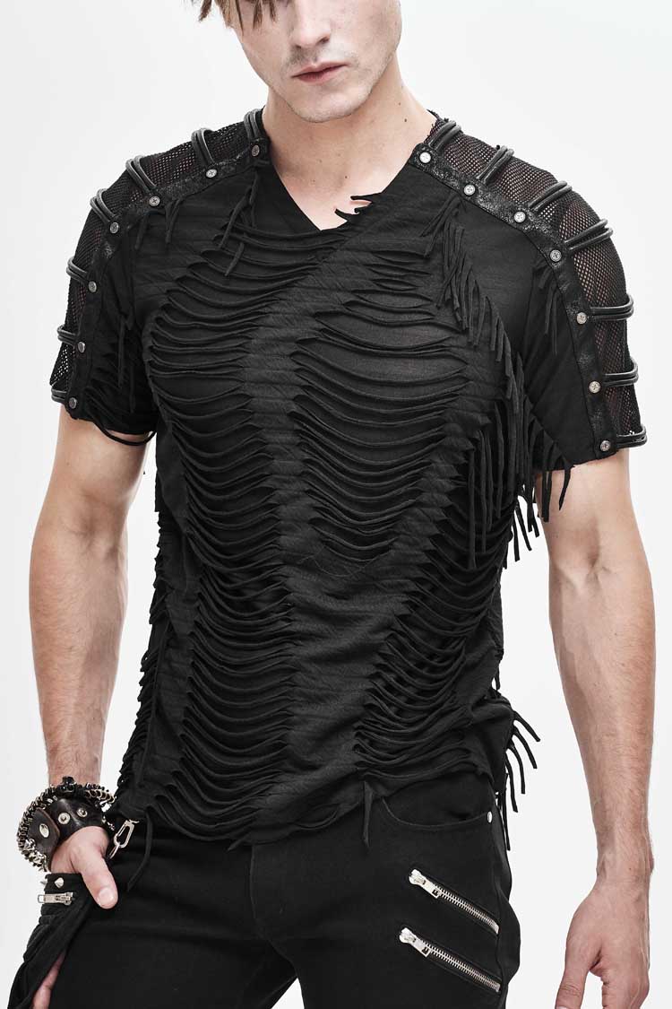 Punk T-Shirt with Tattered Stripes and Mesh Sleeves