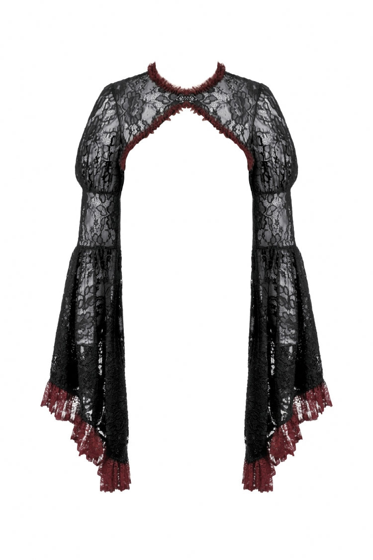 Crimson Noir Flared Lace Puff-Sleeve Women's Gothic Cape