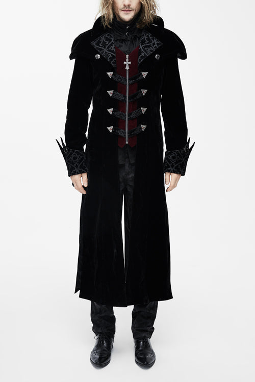 Black Patterned Shawl Collar Men's Velveteen Long Coat Gothic Western