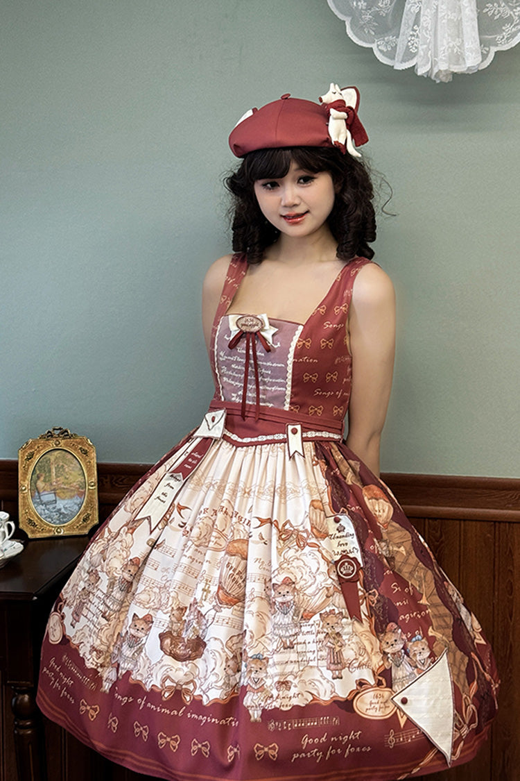 Burgundy Fox Band Print Square Collar Bow Classic Lolita Jumper Dress