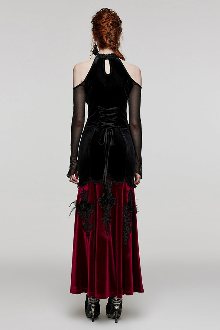 Gothic Mesh Dress with Off-Shoulder Hollow Stitching and V-Collar