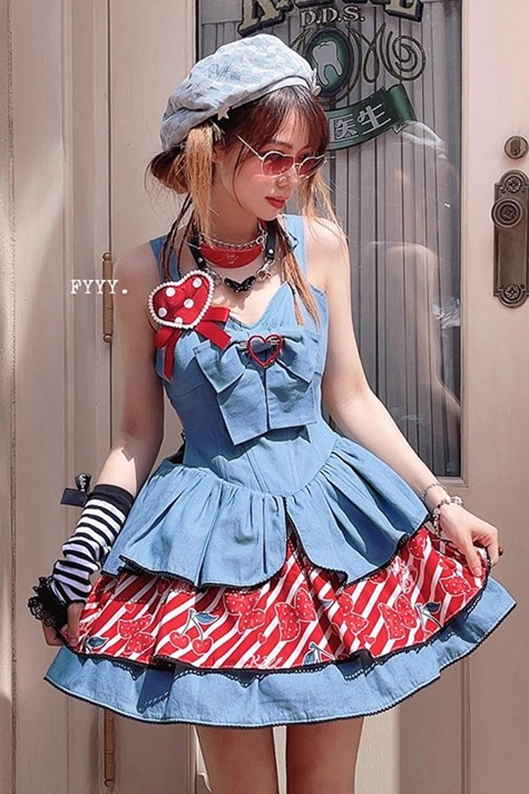 Denim JSK with Triple Ruffles and Bowknot, Vintage Japanese Style - Cherry