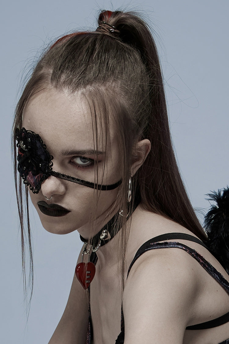 Crimson & Noir Metal Skull Embellished Lace Heart Gothic Eye Mask