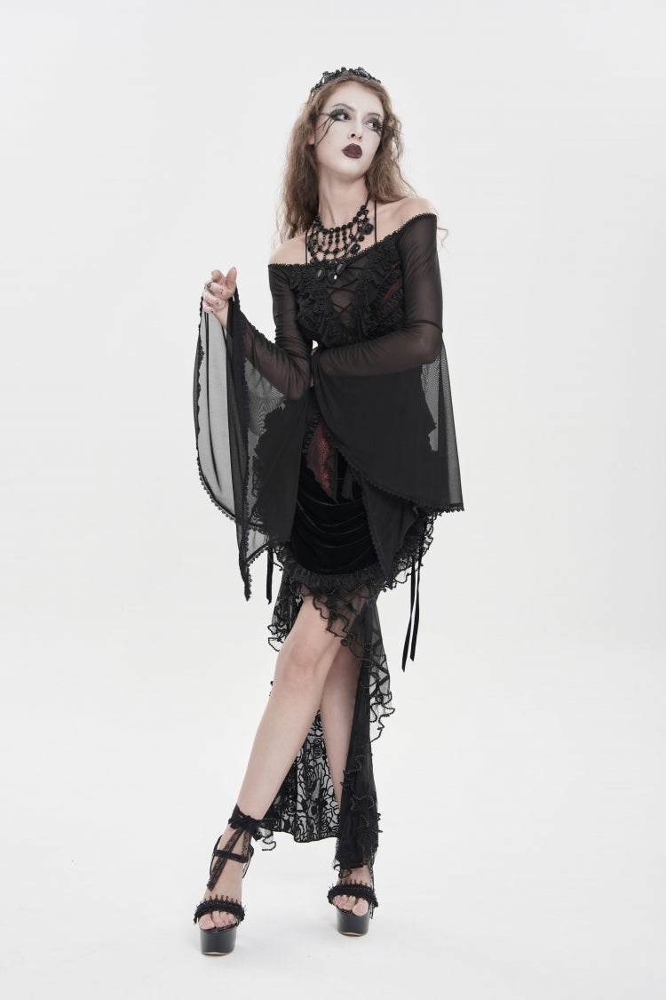 Crimson & Noir Off-Shoulder Long Bell Sleeve Ruffled Embroidered Lace-Up Gothic Blouse