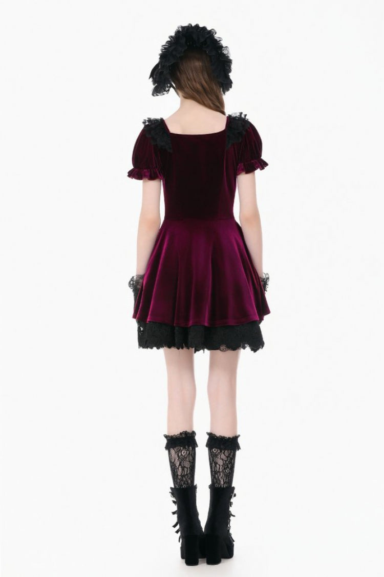 Burgundy Square Collar Short Puff Sleeve Velvet Patchwork Lace Lace-Up Gothic Dress