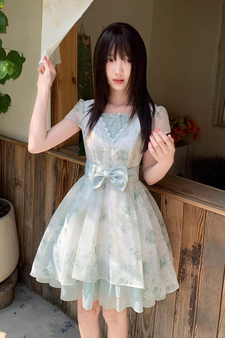Emerald Short Sleeve Floral Print Bow Lace Sweet Princess Lolita Dress
