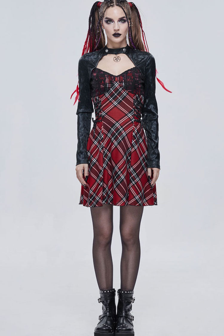 Scarlet Plaid Knit Dress with Side Straps and Pentagram Hardware