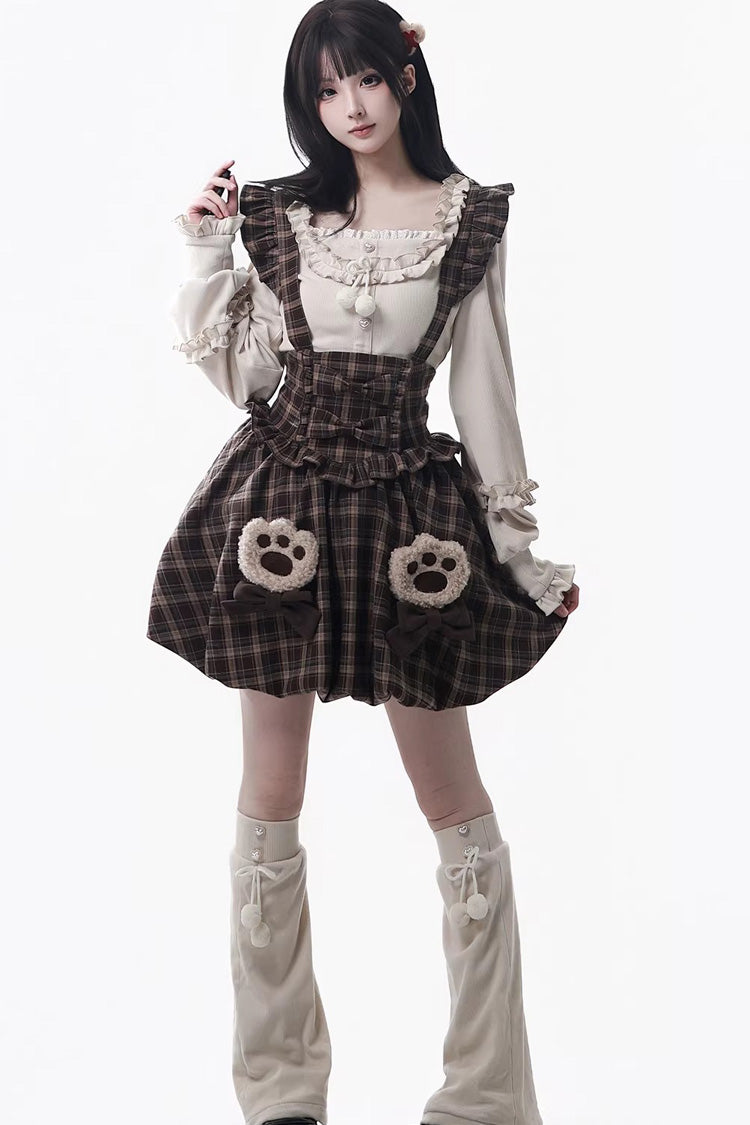 Chocolate Plaid Ruffle Bow Strap Dress - Fluffy Little Bear