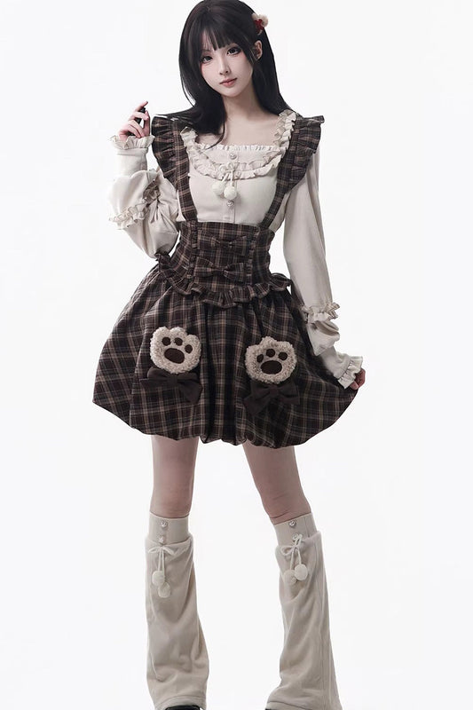 Chocolate Plaid Ruffle Bow Strap Dress - Fluffy Little Bear