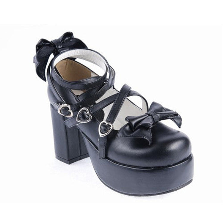 Lolita Bow Cross Strap Shoes in Black Synthetic Leather