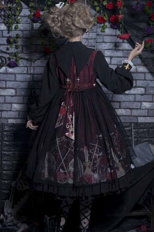 Crimson Noir High-Waist Printed Lolita OP Dress with Lapel Collar