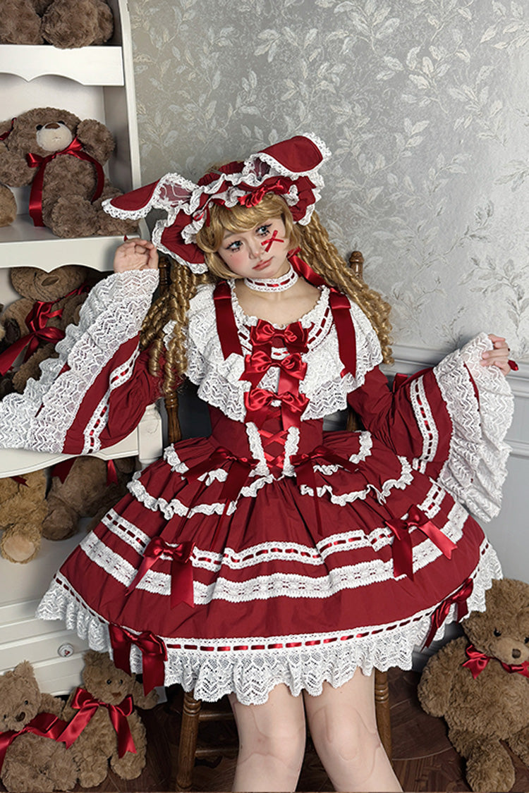 Burgundy Rabbit Sleeping Doll Print Flared Sleeves Ruffle Bow Lace Sweet Lolita Dress