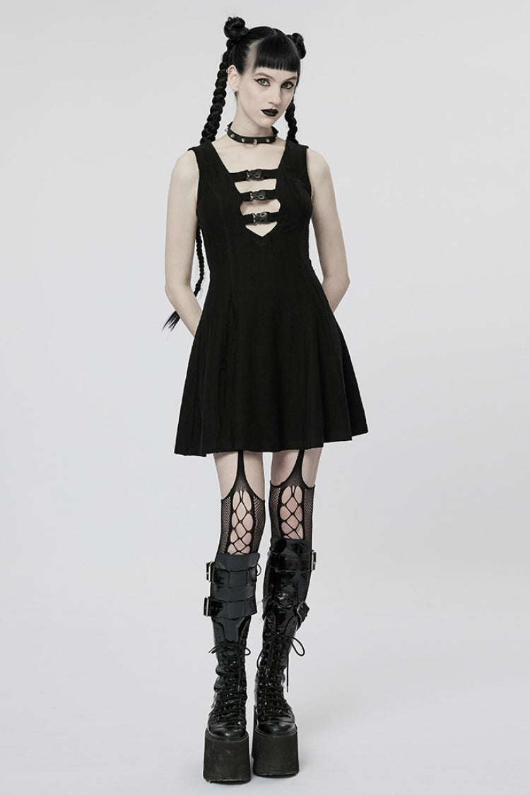 Steampunk Sleeveless Buckle Dress with V-Neckline