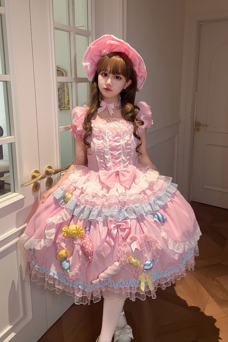 Candy Party Short-Sleeve Multi-Layer Ruffle Bow Lace-Up Lolita Dress