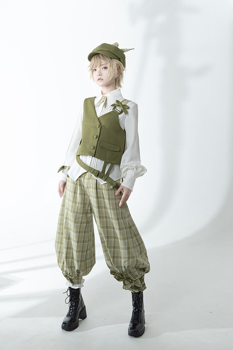 Ouji Lolita Vest with Plaid Pants - Matcha Green - Secret Morning Post - Dual