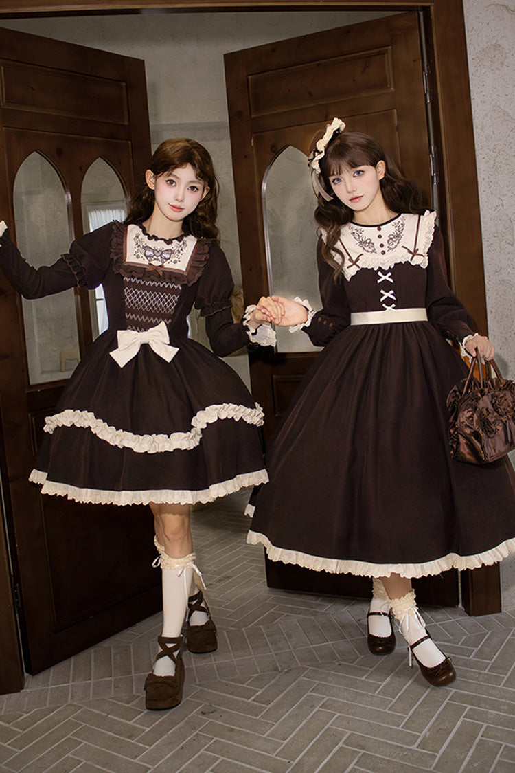 Chocolate Double Layer Ruffle Bow Embroidered Short Lolita Dress - Miss Brown