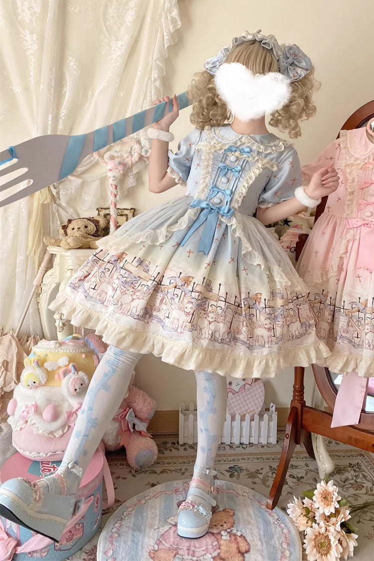 Lapel Collar Short Sleeve Printed Ruffled Bow Sweet Dress - Angel Lamb