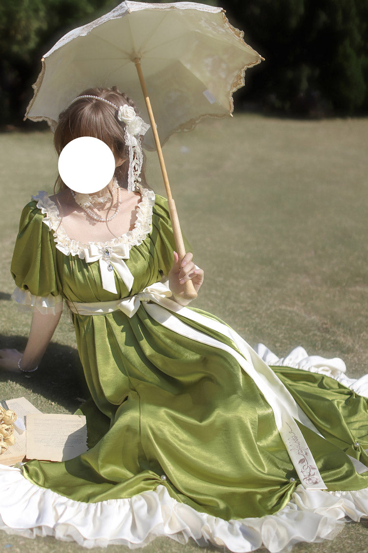 Emerald Square Neck Short Sleeve Ruffle Bow Sweet Regency Vintage Lolita Dress