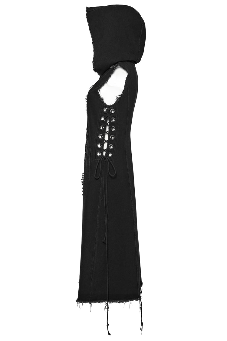 Sleeveless Hooded Vest with Drawstring and Pin Details