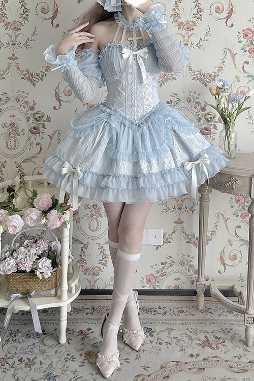 Azure Strapless Bowknot Frilled Sweet Lolita Tiered Gown