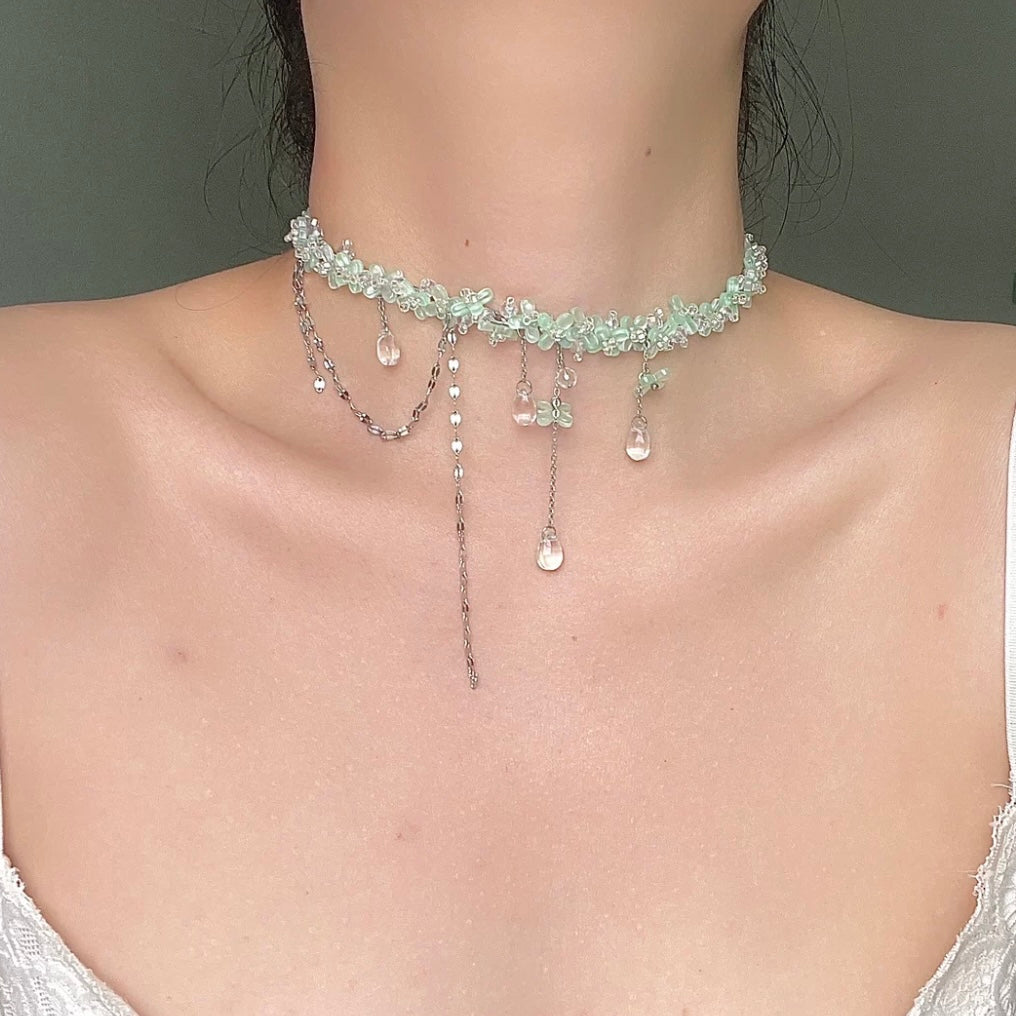 Süße Glas Blume rosa Kristall Quaste Choker Halskette