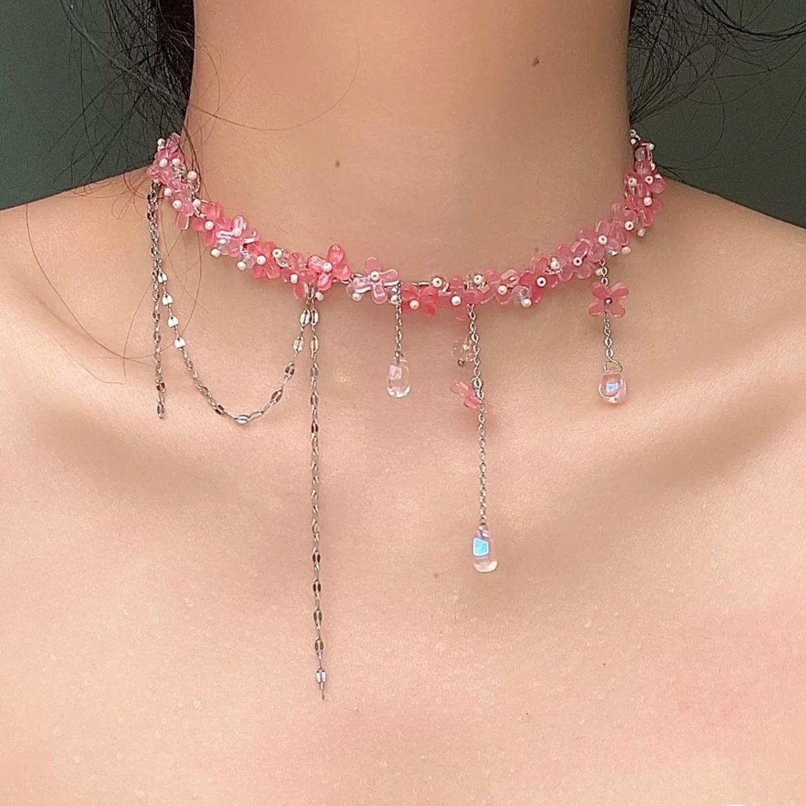 Süße Glas Blume rosa Kristall Quaste Choker Halskette