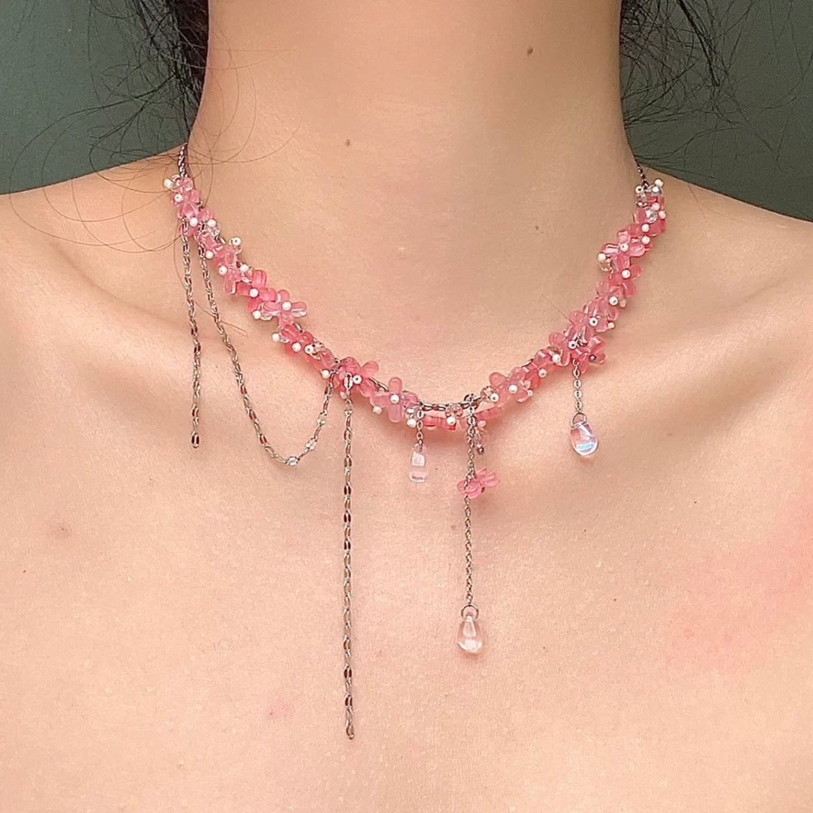 Süße Glas Blume rosa Kristall Quaste Choker Halskette