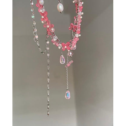 Süße Glas Blume rosa Kristall Quaste Choker Halskette