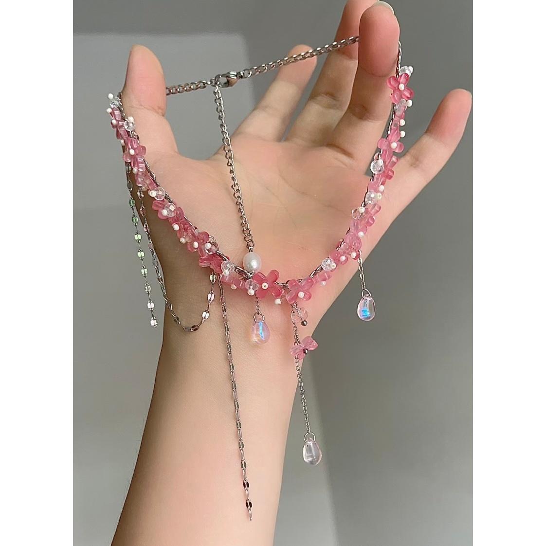 Süße Glas Blume rosa Kristall Quaste Choker Halskette