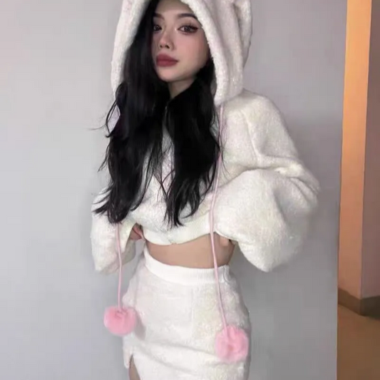 Bunny Hooded Top + Cute Bunny Mini Skirt