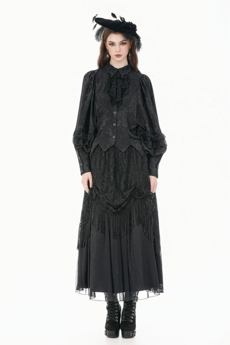 Rose Jacquard Bishop Sleeve Blouse with Tie - Gothic Edge
