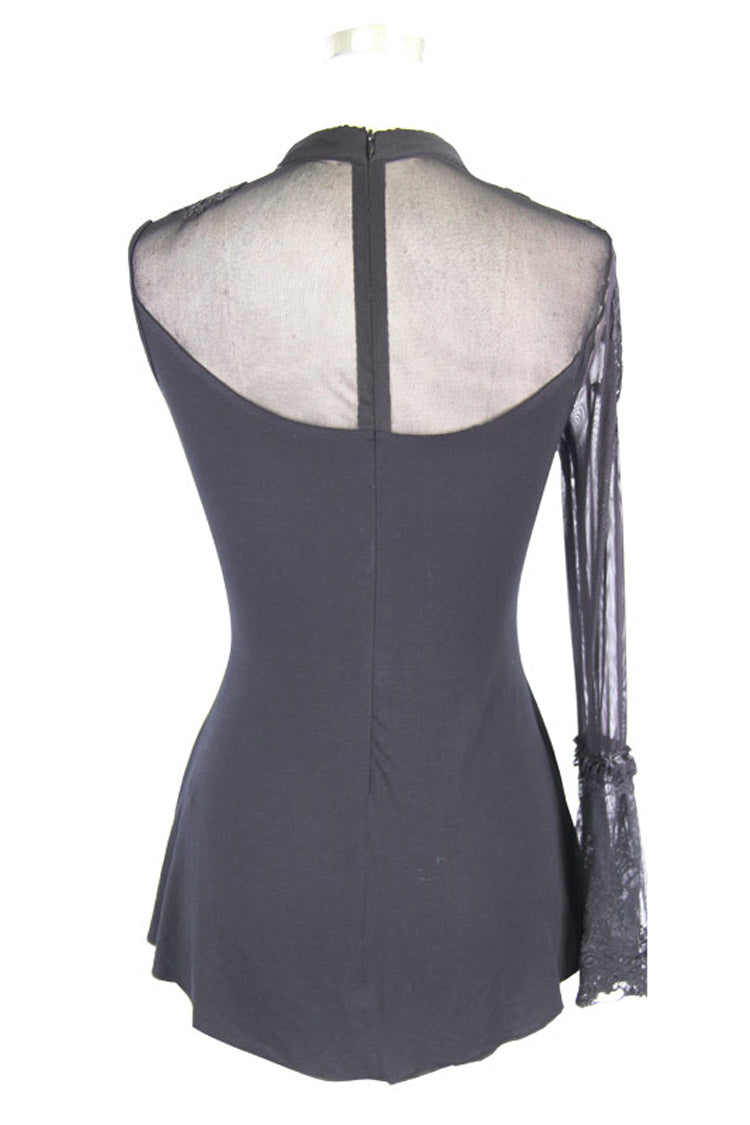 Feather-Trim Single-Sleeve Knit Top with Mesh Accent