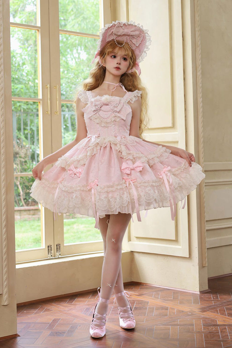 Blossoming Heart Love Sleeveless JSK, Dark Jacquard Print Bowknot Lace Sweet